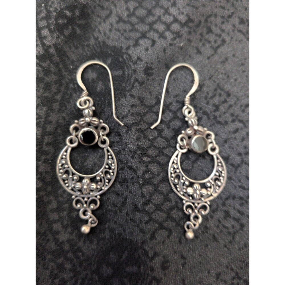 Vtg Dangle Earrings 925 Sterling Filagree Floral Vines Black Stone 30's Vibe